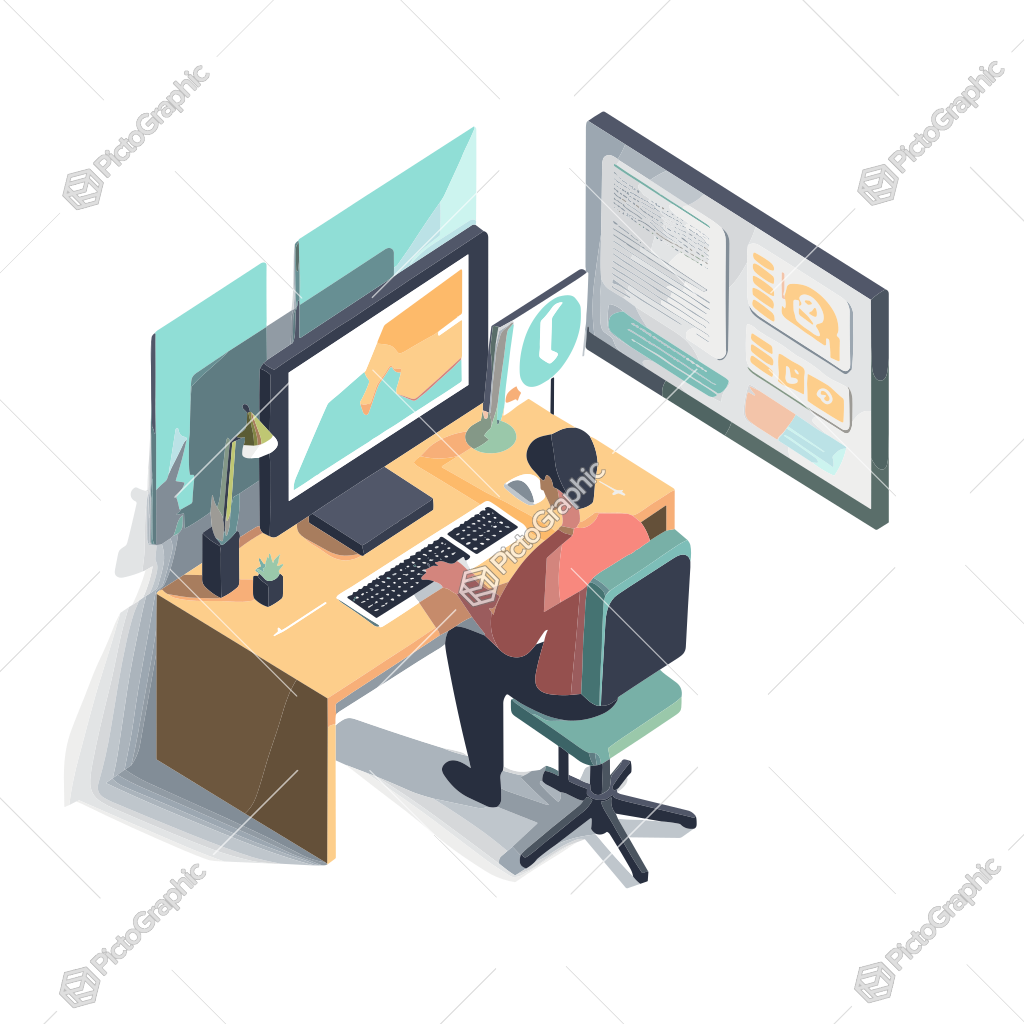 An office setup with a person working on digital tasks using a laptop and multiple screens.