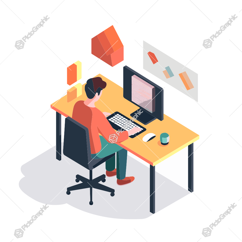 Illustration of a person working at a computer desk.
