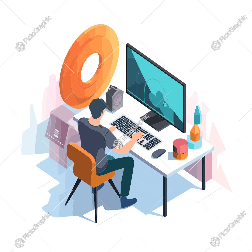 Illustration of a person at a computer desk with various items and a stylized orange ring.