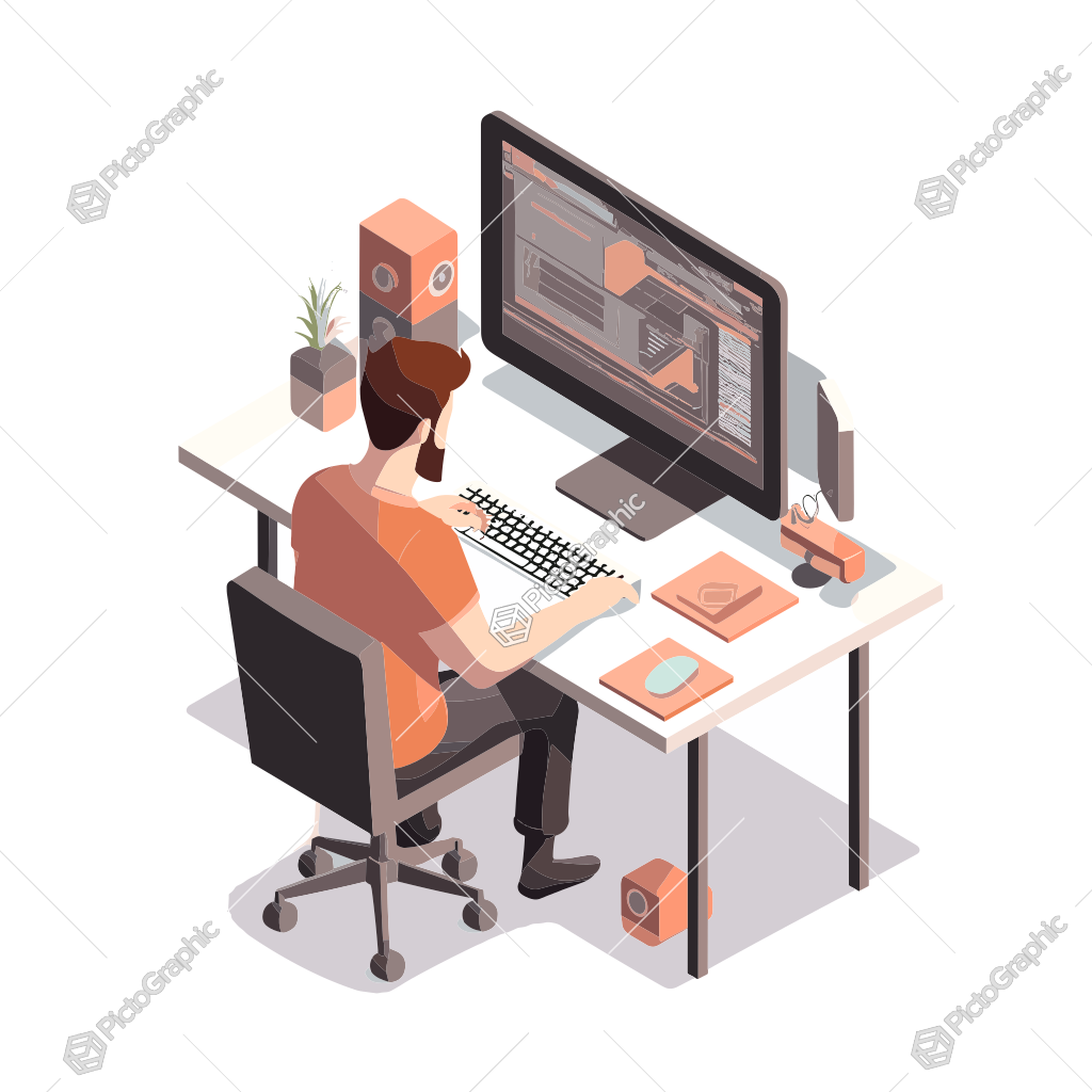 The image depicts a person at a work station with a computer and other desk items, illustrating a professional or creative working environment.