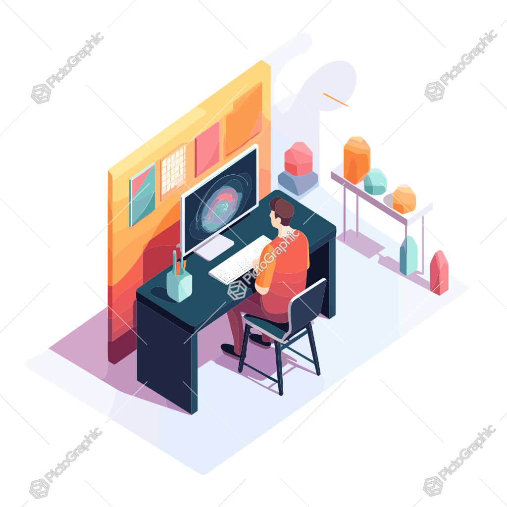 Illustration of a person working at a computer desk in a modern office setup.