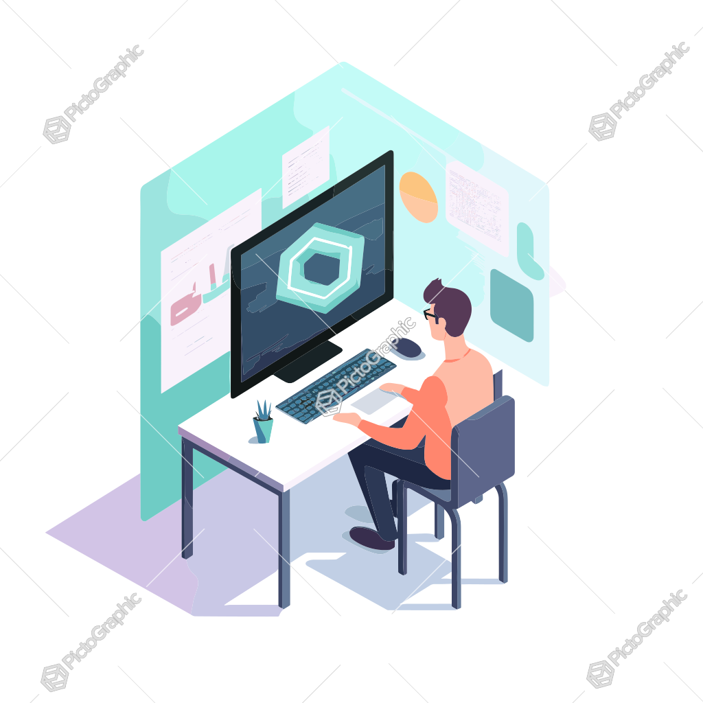 An isometric illustration of a person working on a computer.