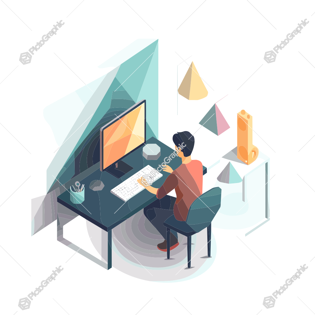 An illustrated person working at a computer desk.