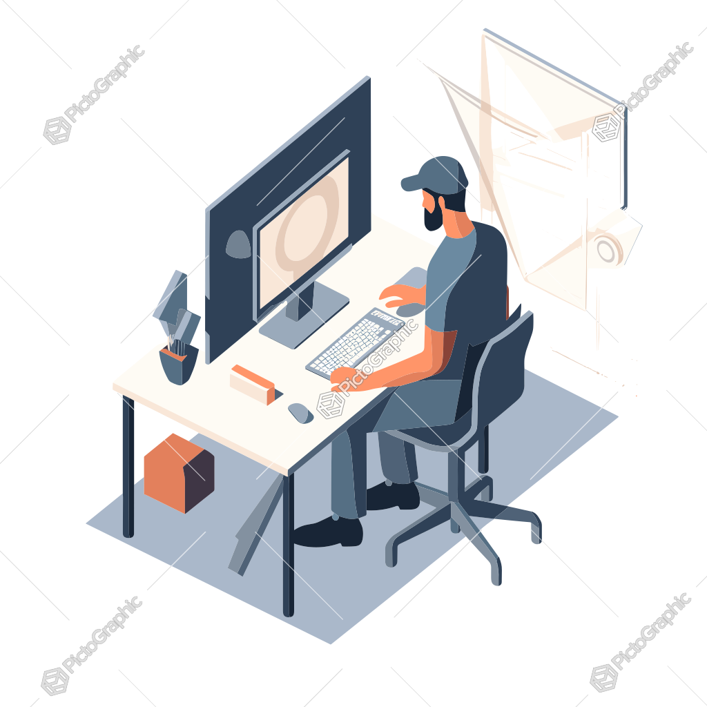 An individual working on a computer with a geometric design on the screen, in an organized workspace.