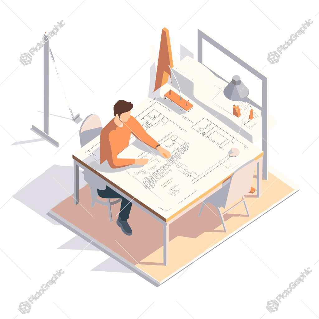 An individual is shown working on architectural plans at a drafting table.