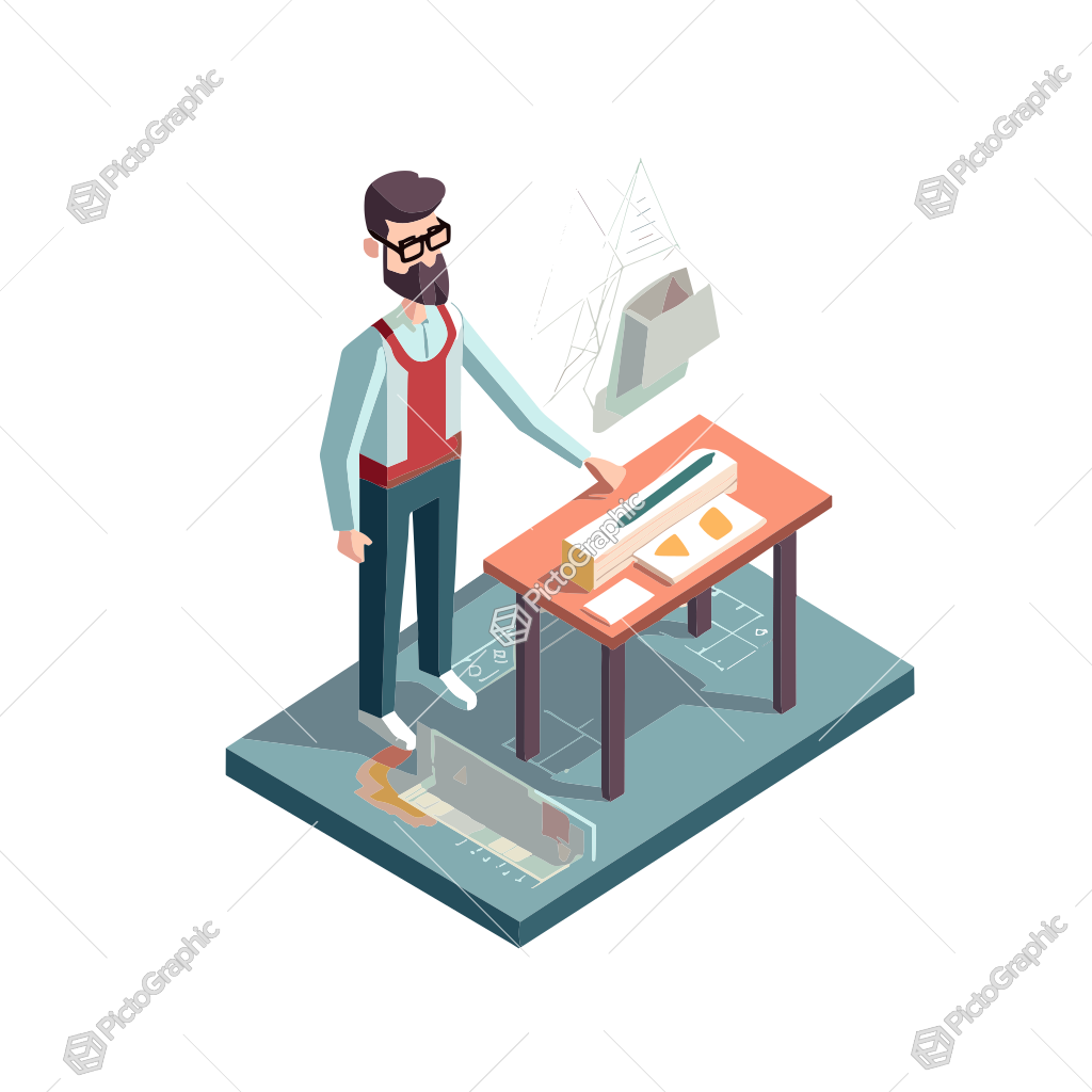 The image features an architect or designer with a model and design tools on a desk.