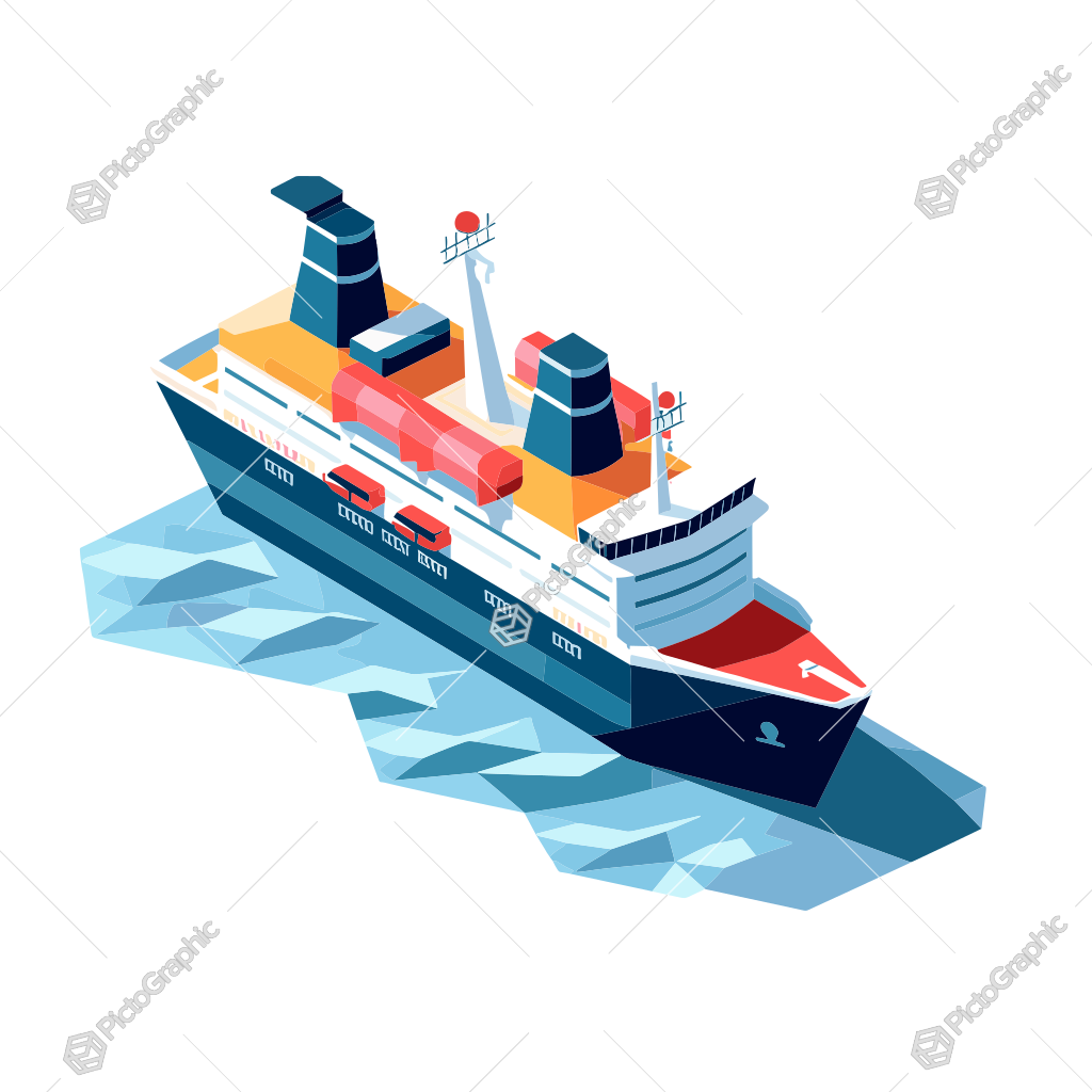 The image shows a stylized cargo ship at sea.