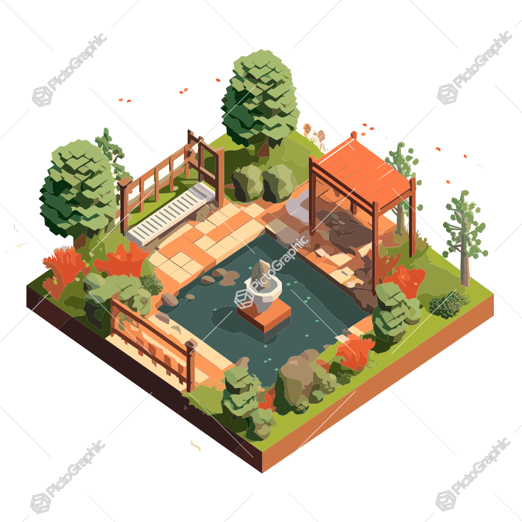 This is an isometric illustration of a beautifully landscaped garden with a pond, fountain, bridge, and seating area.