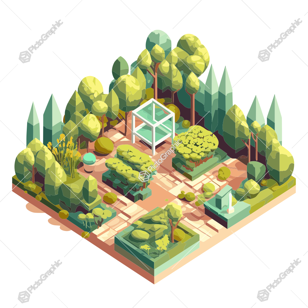 A stylized, isometric illustration of a garden with a gazebo and benches.