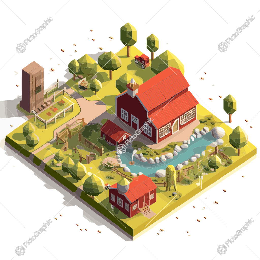The image is a whimsical digital illustration of a farm with a barn, animals, and surrounding nature, displayed in a self-contained and geometric style.