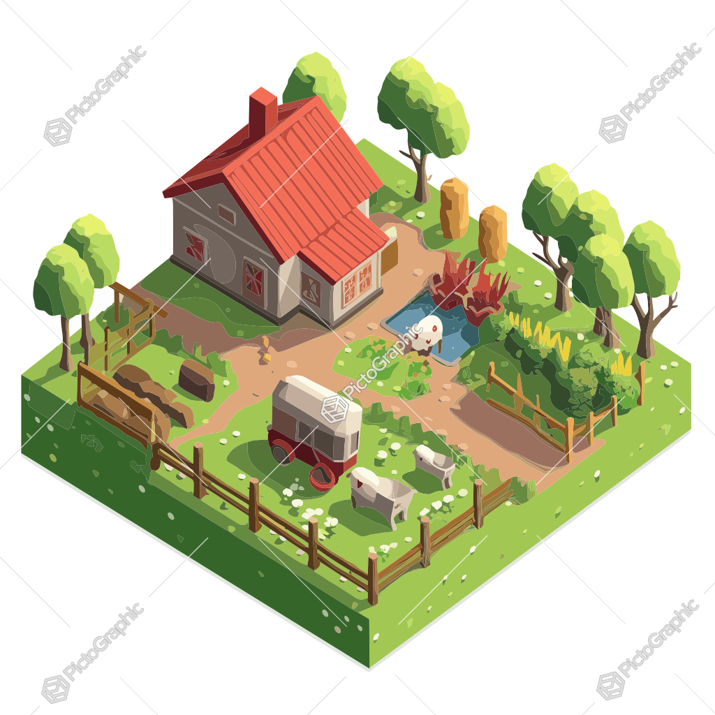 It's a colorful, cartoon illustration of a small farm.