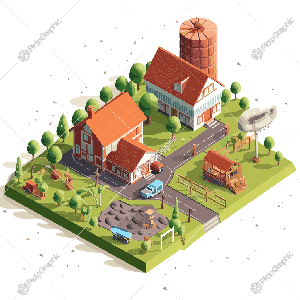 A stylized illustration of a farm with two main buildings, landscaping, a pond, and a pickup truck.