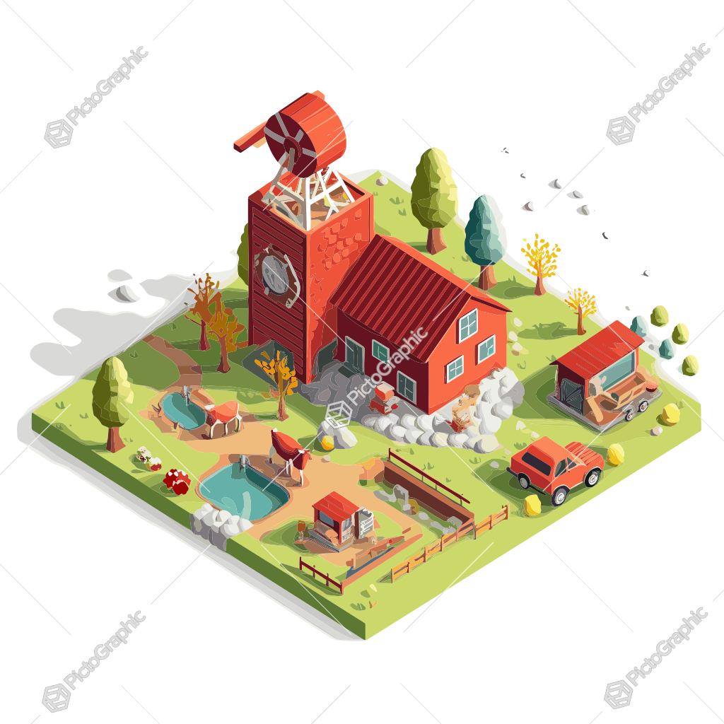 An illustration of a stylized farm with a red barn, vehicles, and animals.