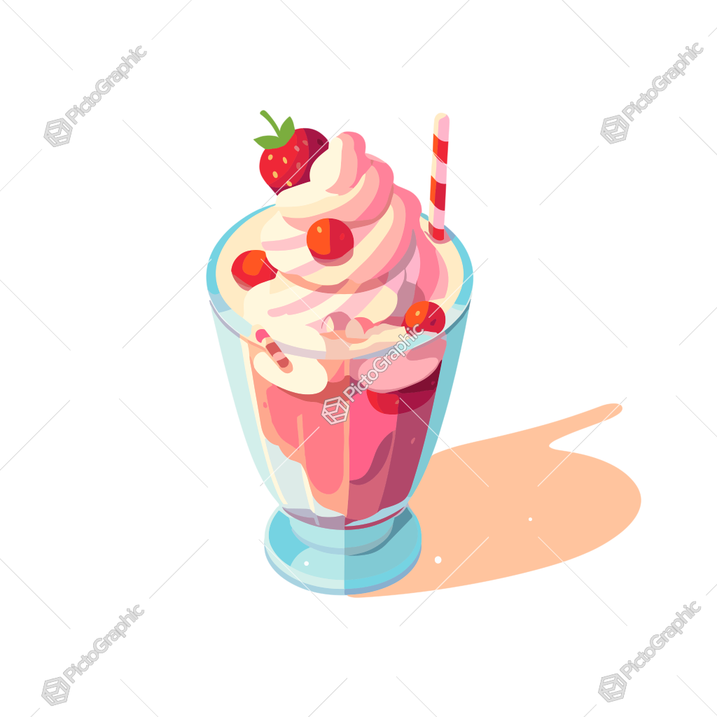 This is an illustration of a strawberry sundae in a glass cup with whipped cream, a strawberry on top, and a straw on the side.