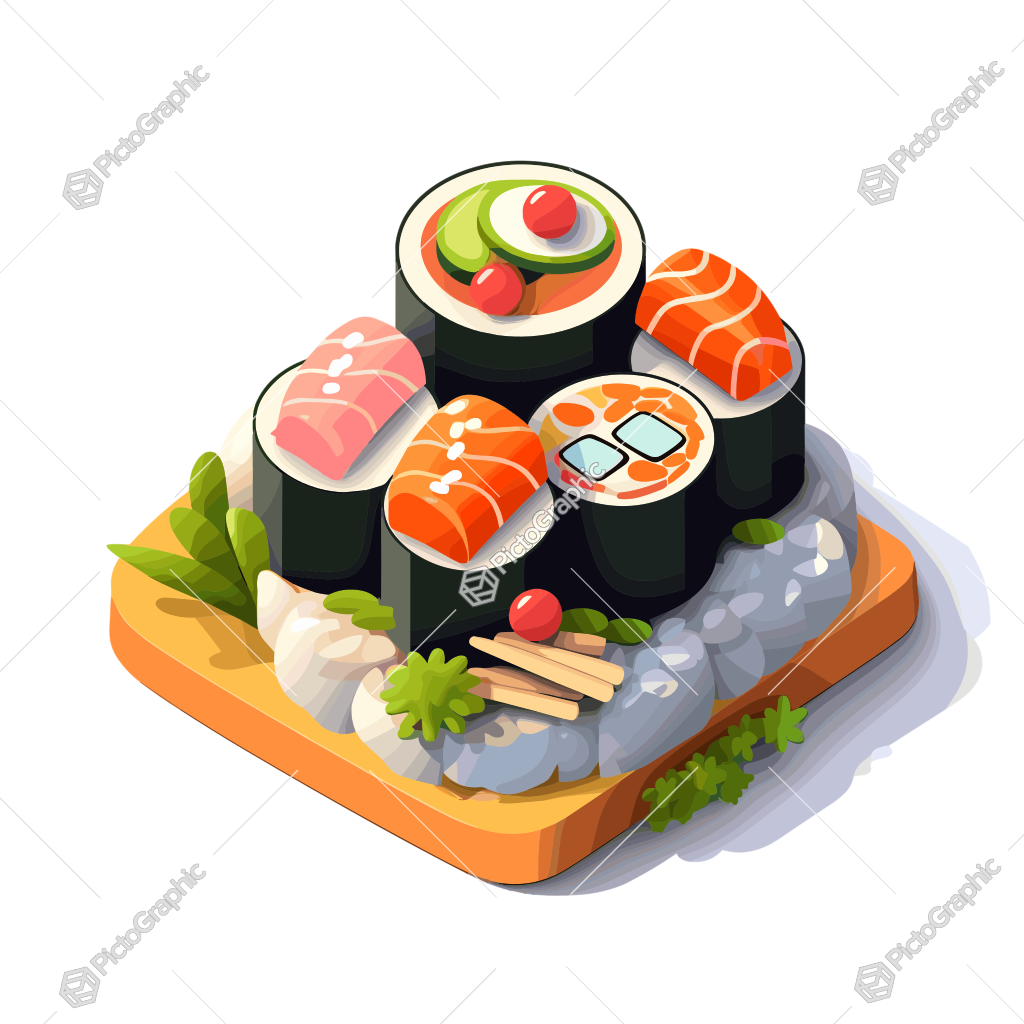 This is an illustrated platter of sushi with various types and garnishes.