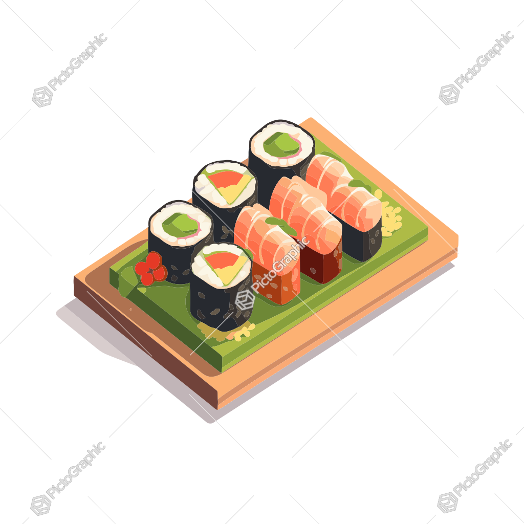 Illustration of a sushi selection on a serving board.