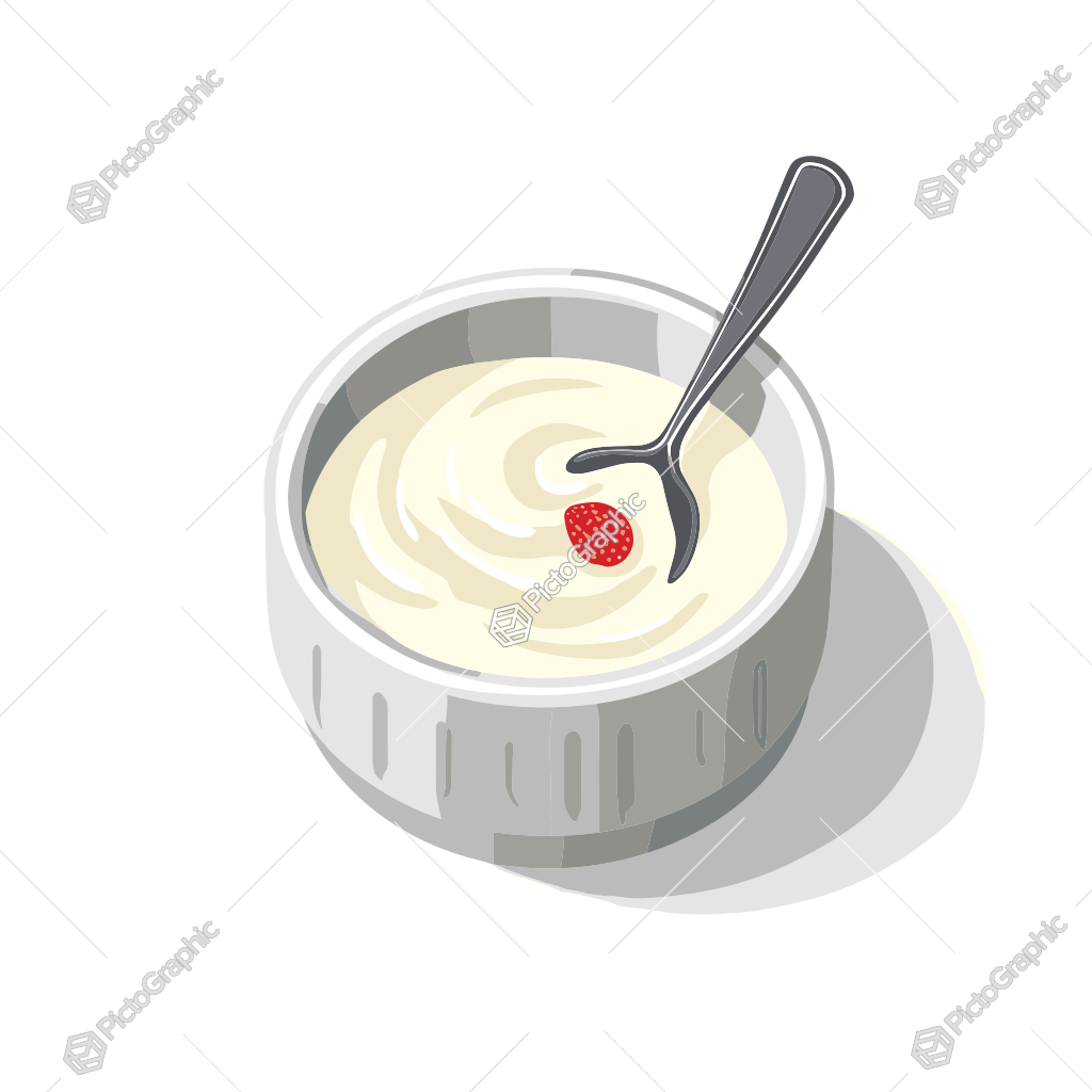 An illustration of a bowl with a creamy dessert and a spoon with a red berry on it.