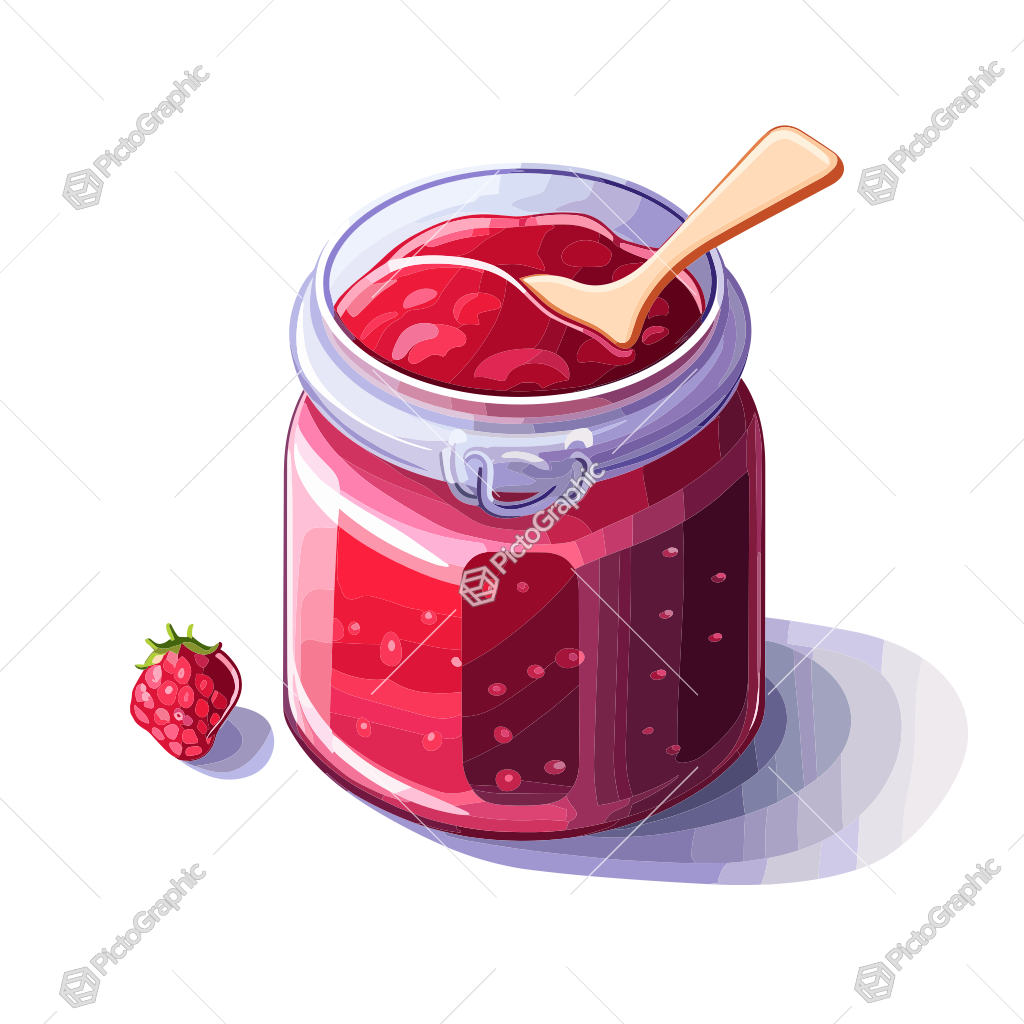 A jar of red jam with a wooden spoon and a strawberry.