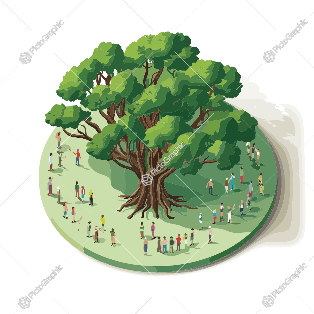 A large tree surrounded by many people in a stylized illustration.