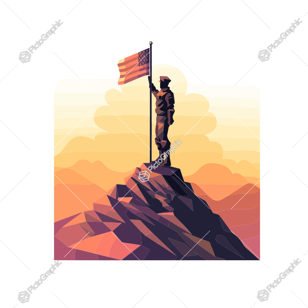 A figure raising the American flag on a mountain peak.