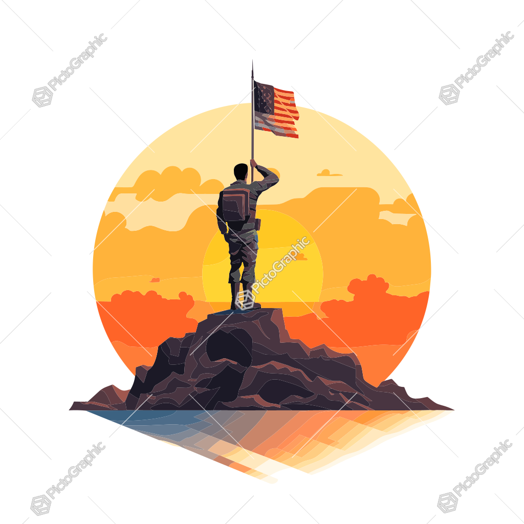 A person holding the American flag aloft on a hilltop against a sunset backdrop.