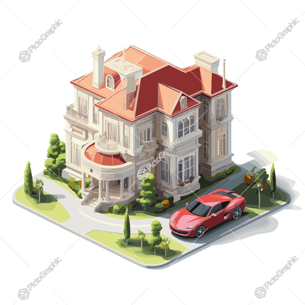 The image is of a luxurious house with a sports car parked outside.