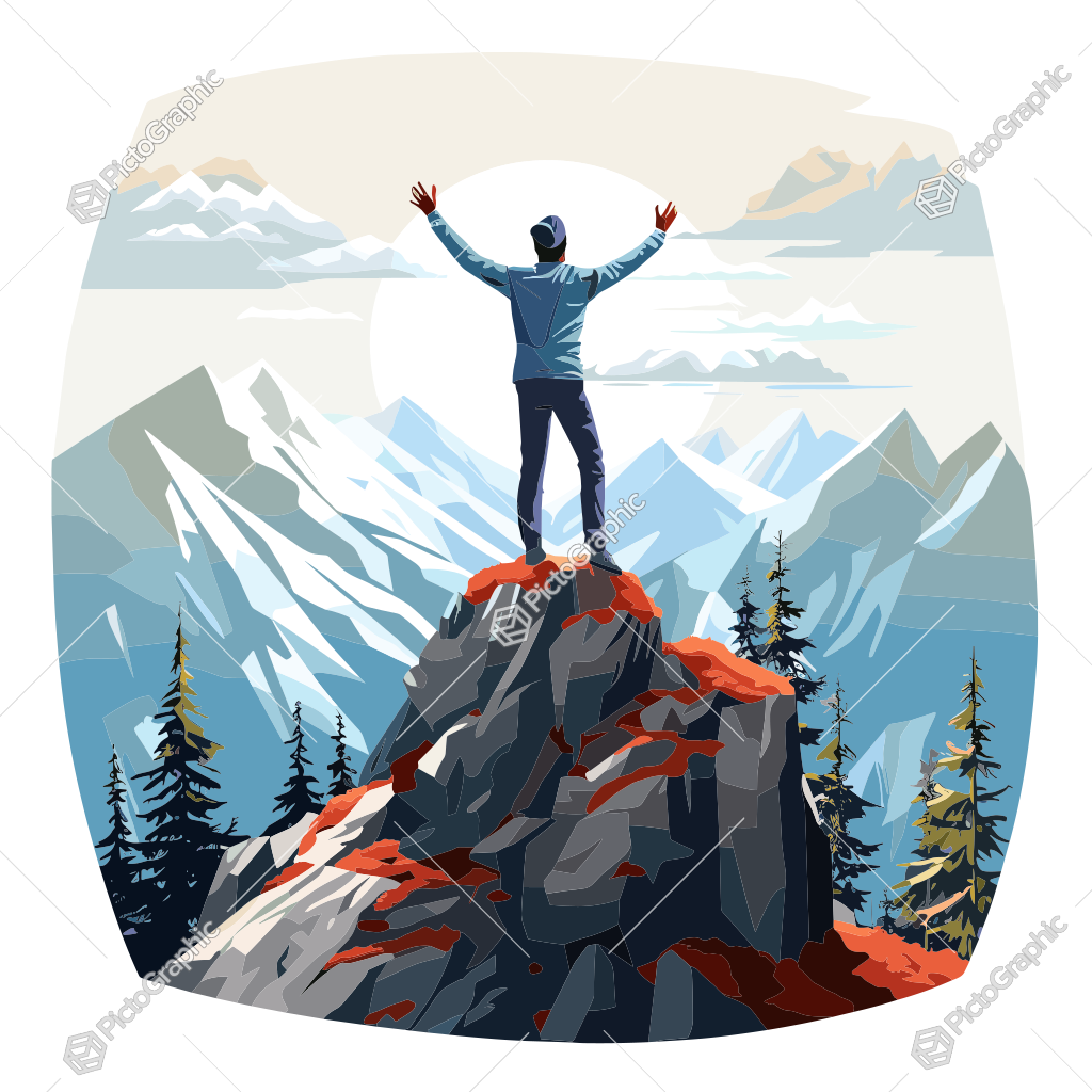 A person celebrates on a mountain peak against a backdrop of mountains and forests.