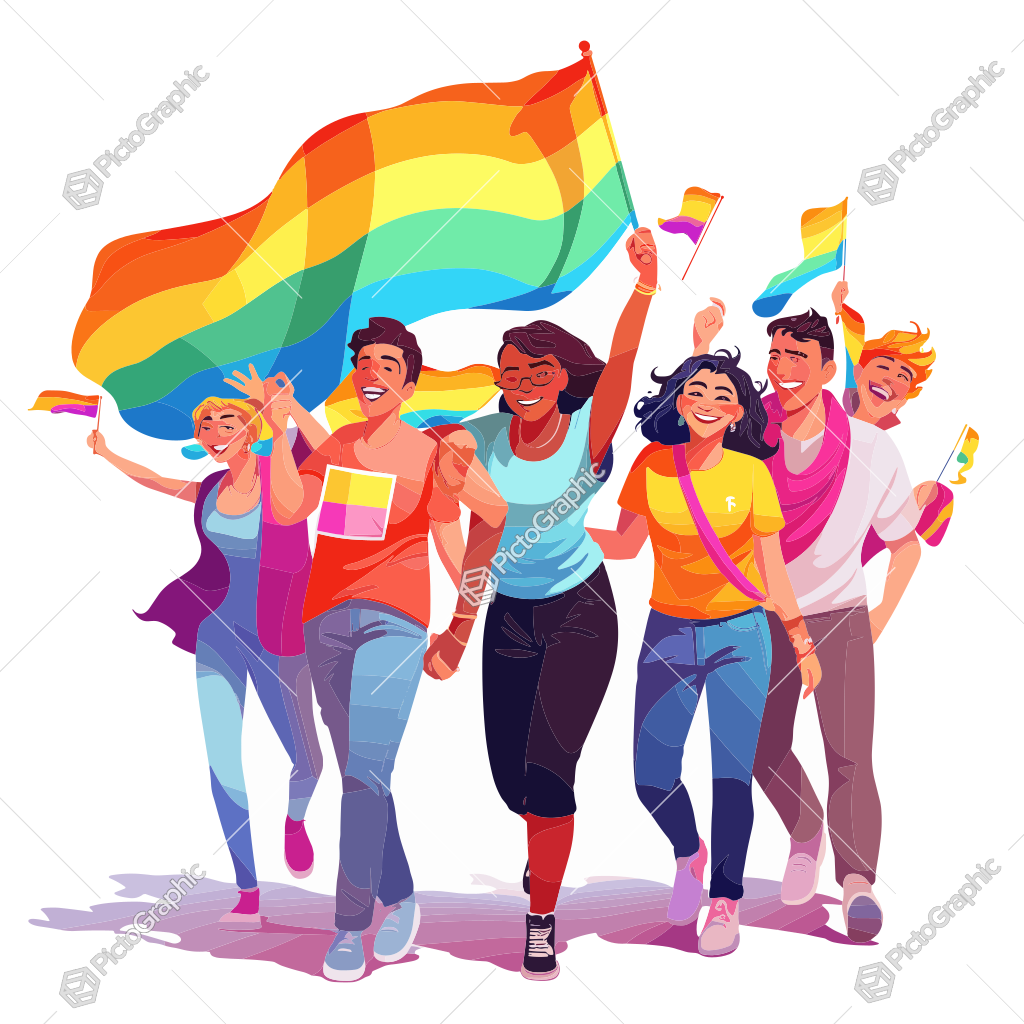 A group of animated people is marching joyously with LGBTQ+ pride flags, illustrating a pride parade or similar celebration.