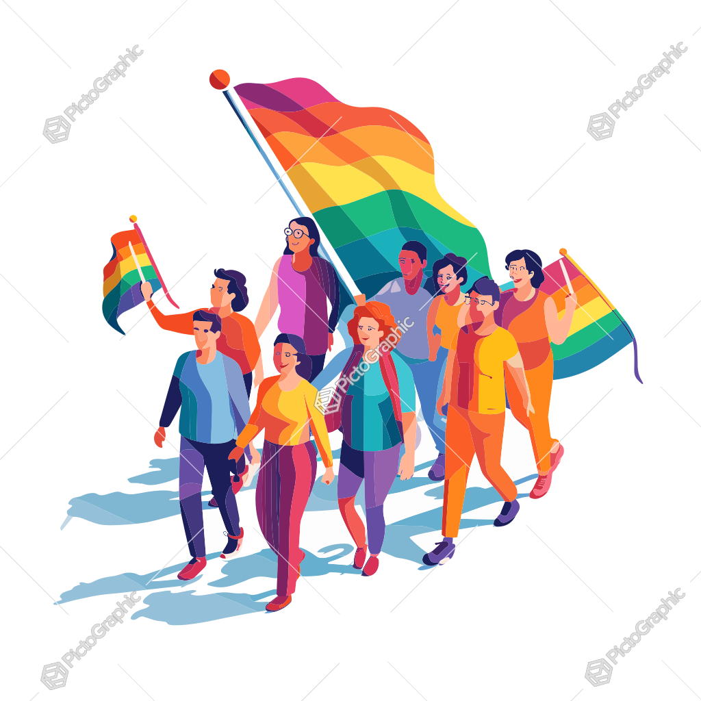 A group of illustrated people marching with rainbow flags in a display of pride and diversity.