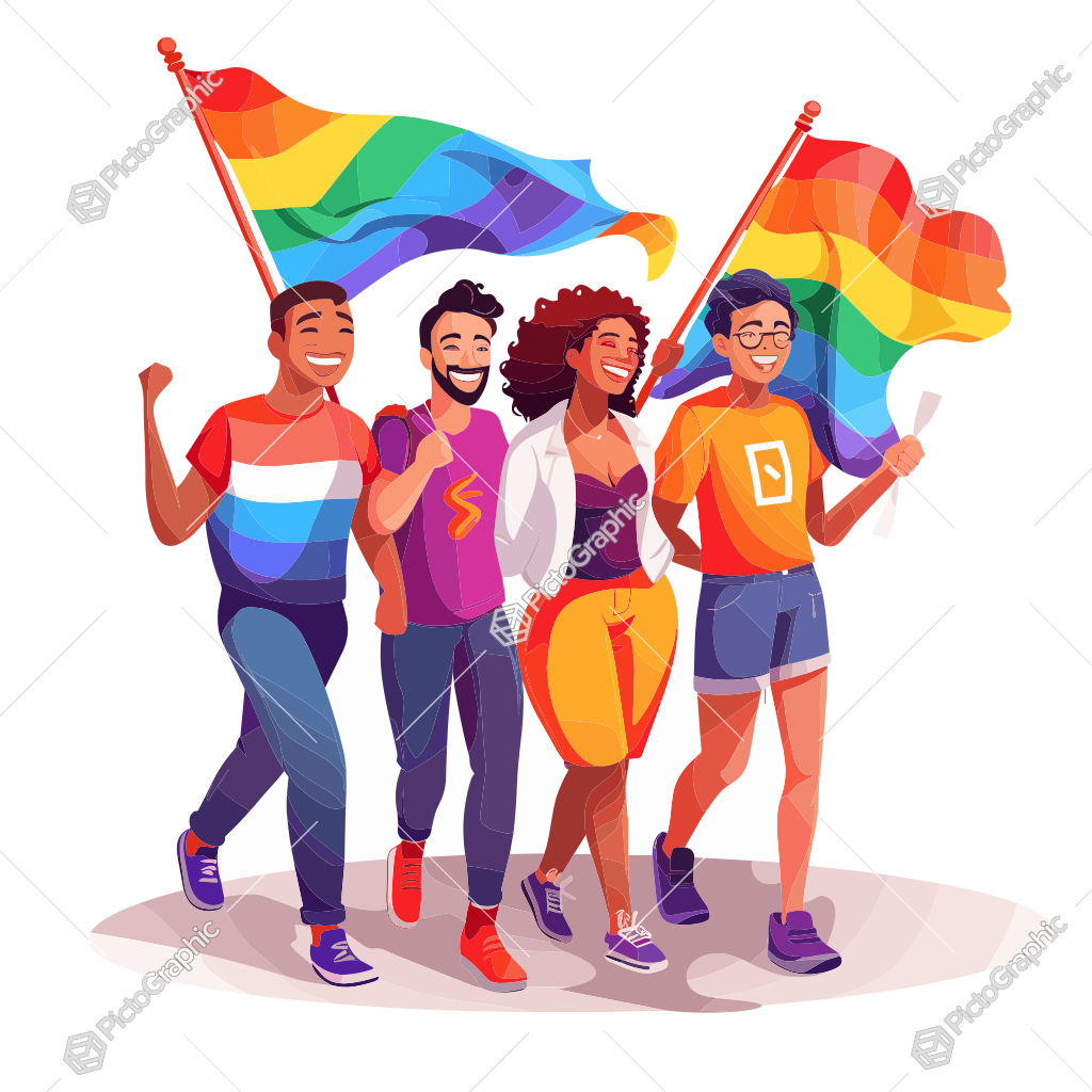 A group of people joyfully participating in a pride celebration with rainbow flags.