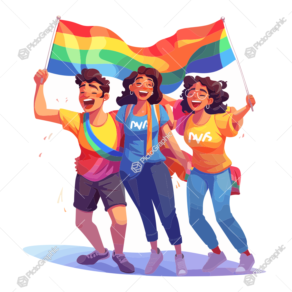 Three animated characters holding a rainbow flag, likely representing LGBTQ+ pride.