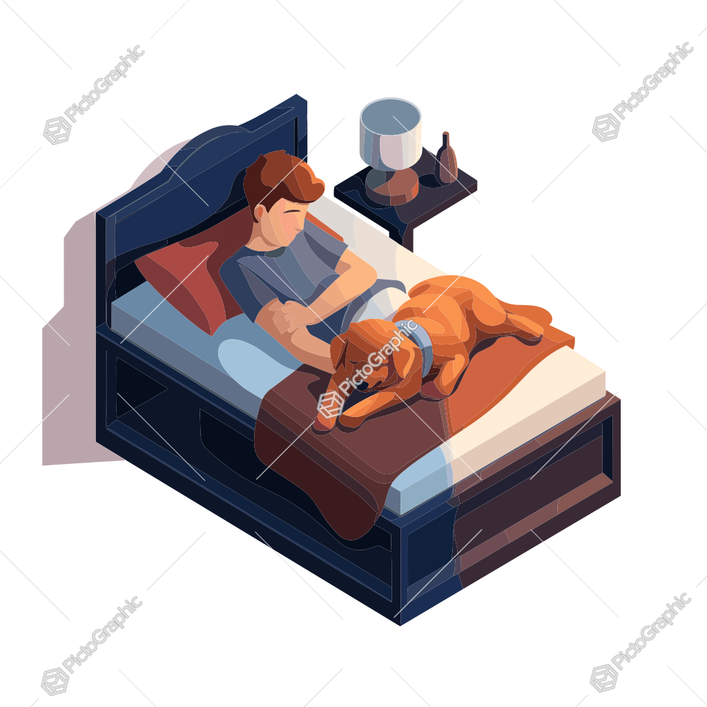 A person and a dog sleeping together in a bed with a nightstand beside them.