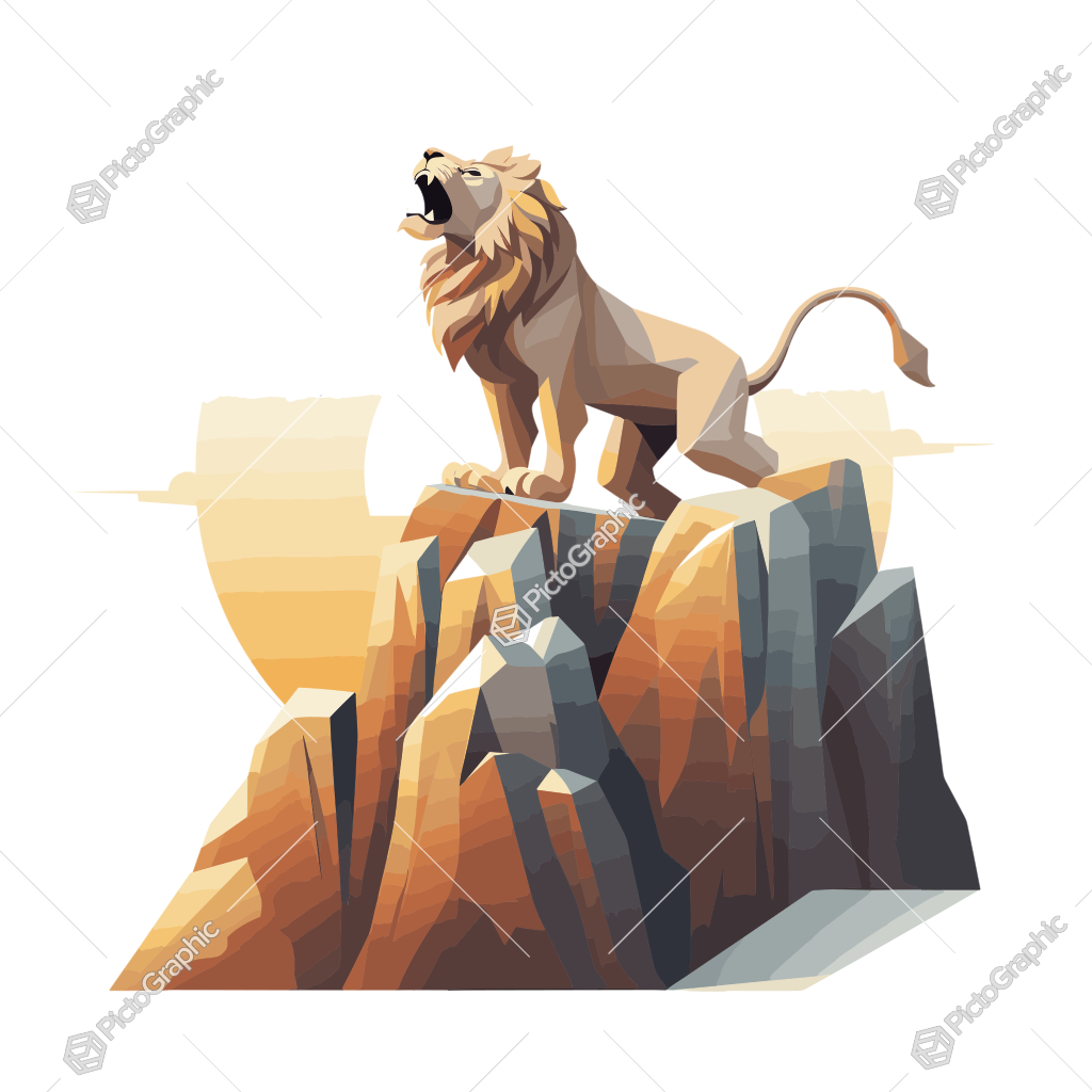 A lion is roaring from a cliff with a sun-like background.