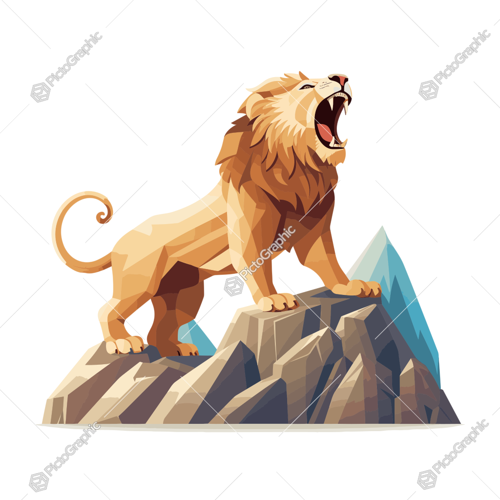 A roaring lion on a rocky cliff.