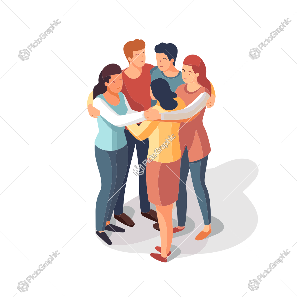 Illustration of four people in a group hug.