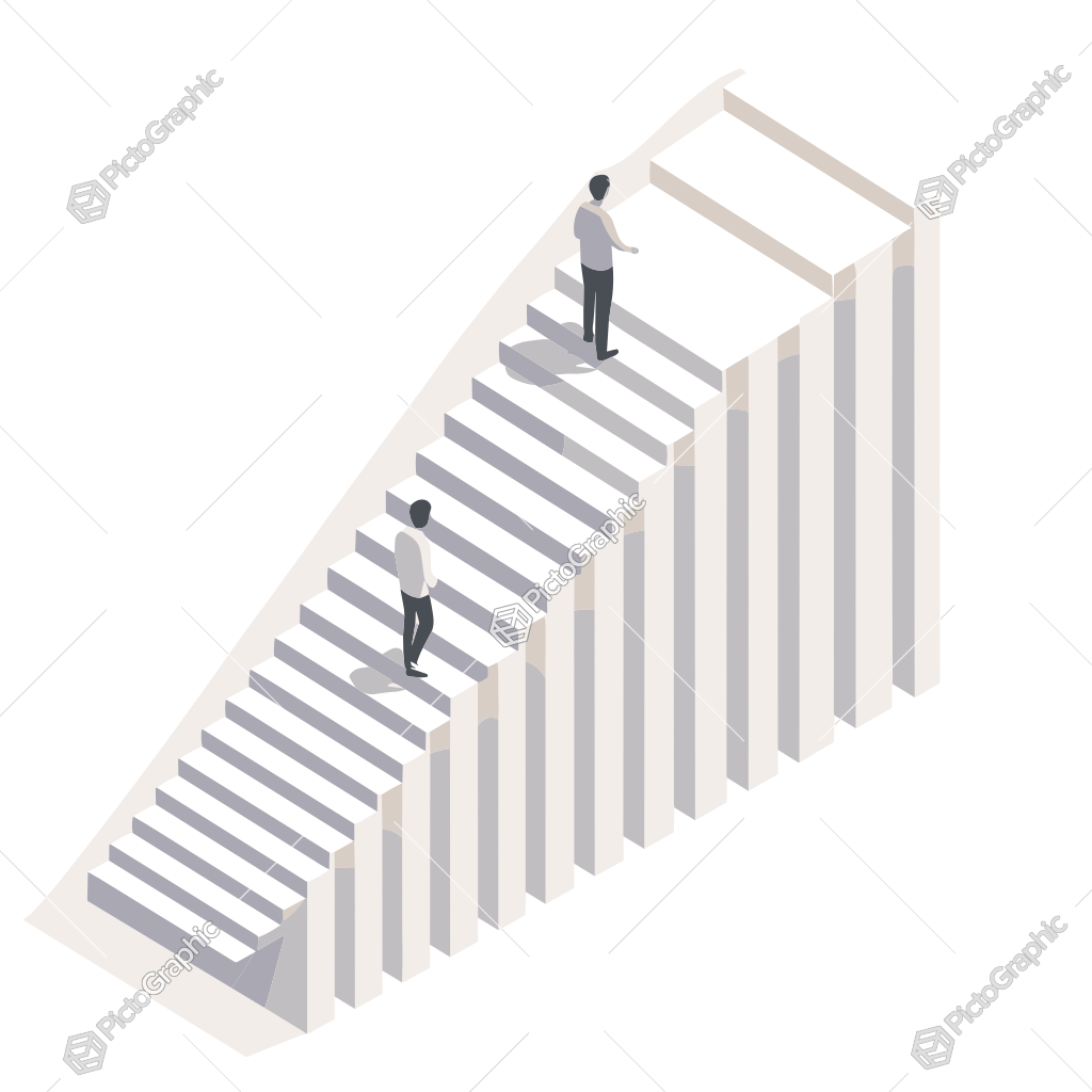 The image is a conceptual illustration of two men on a striped staircase, one ascending and the other already at the top, highlighting progression or advancement.