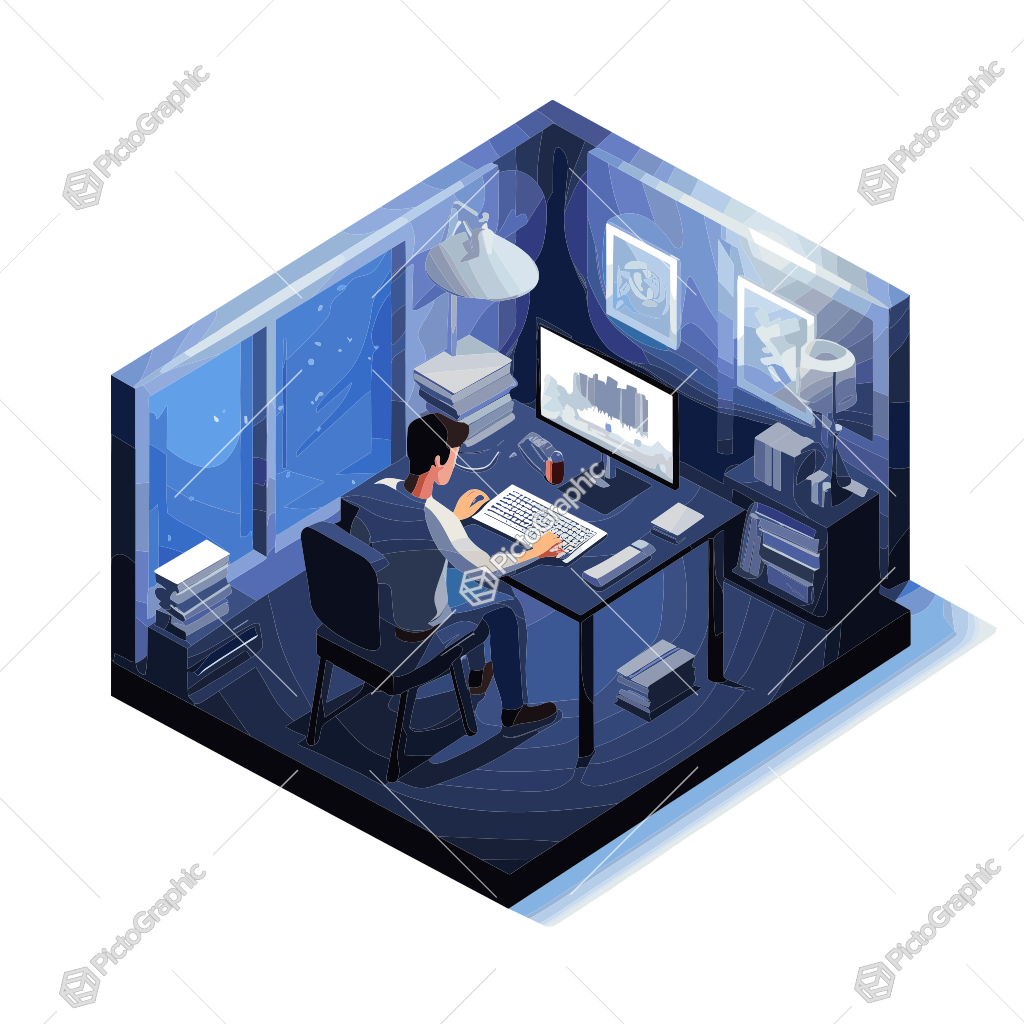 An illustration of a person working late at night in a home office setting.