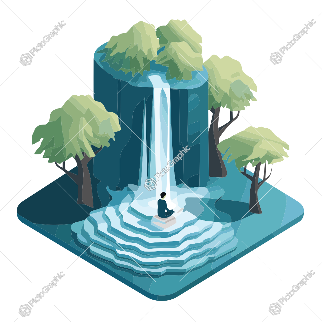 The image shows an illustrated peaceful nature scene with a waterfall, trees, and a person meditating at the waterfall's base.