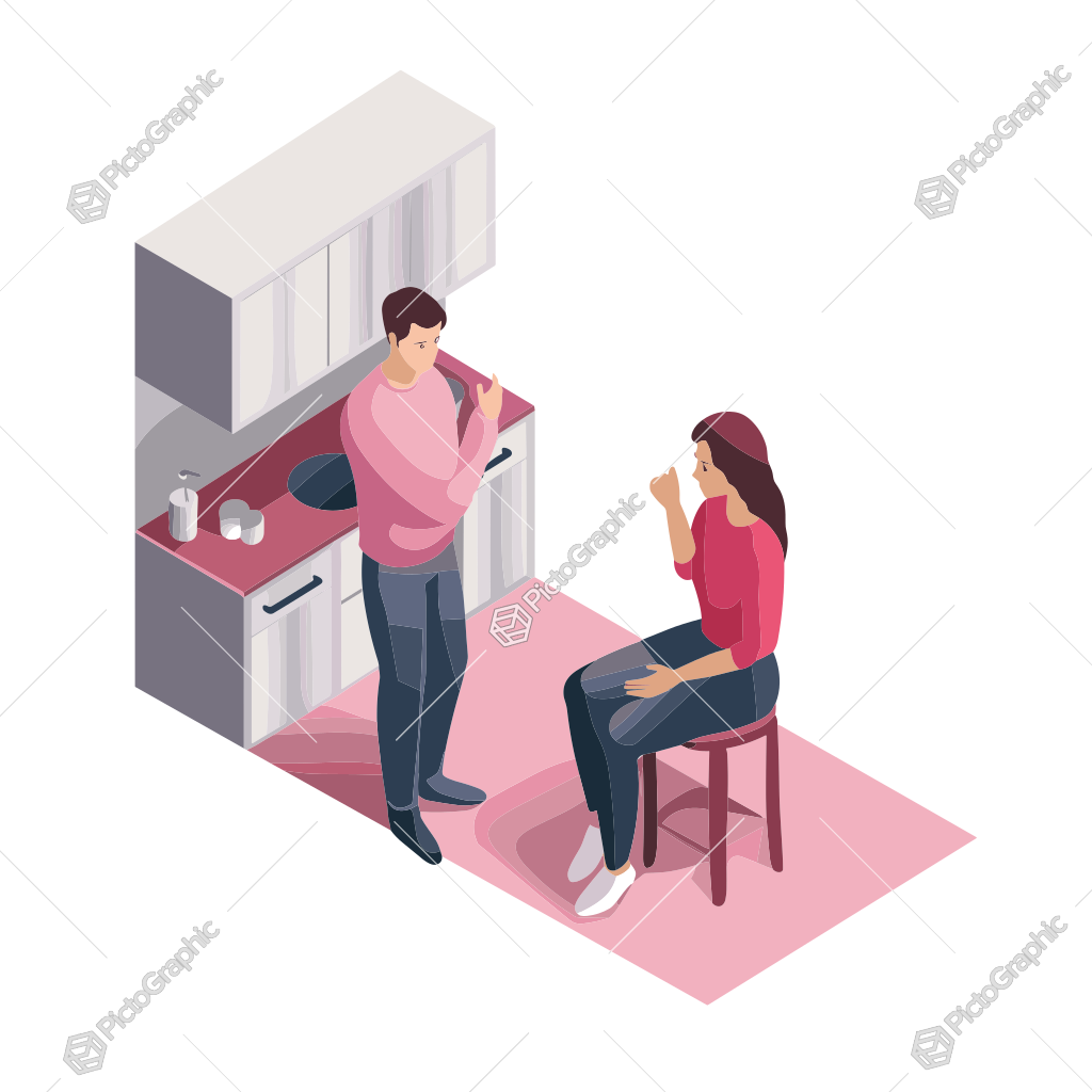 The illustration showcases two people having a conversation in a kitchen, with one person sitting on a stool and the other standing by the counter.