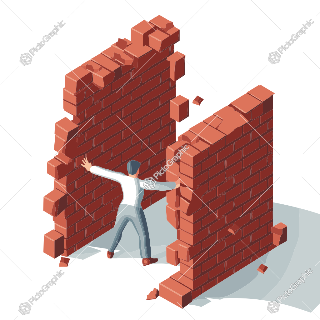 A figure is breaking through two brick walls