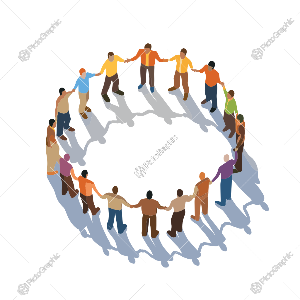 The image is an illustration of a diverse group of people holding hands in a circle.