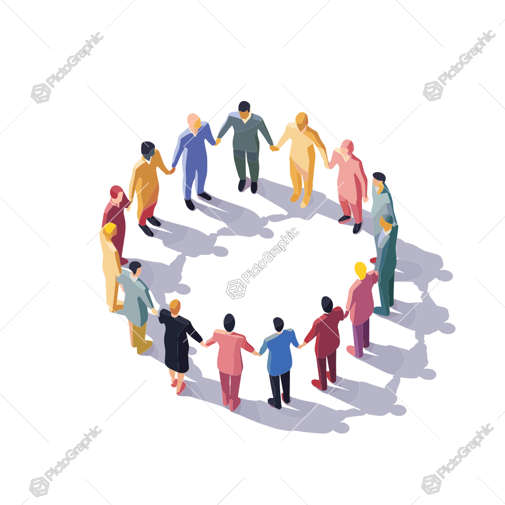 The image shows a group of people holding hands in a circle, symbolizing unity or teamwork.