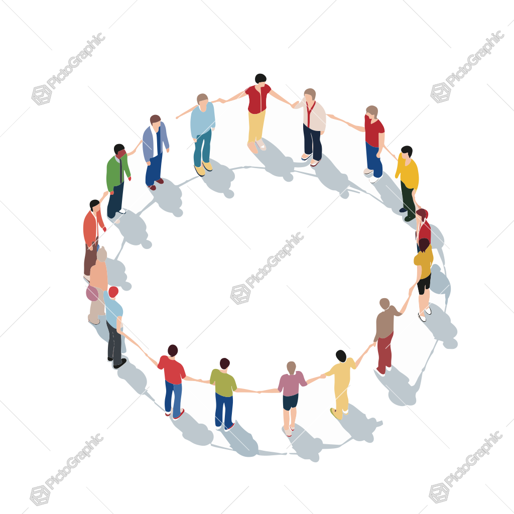 The image is a graphic illustration of diverse people holding hands in a circle.