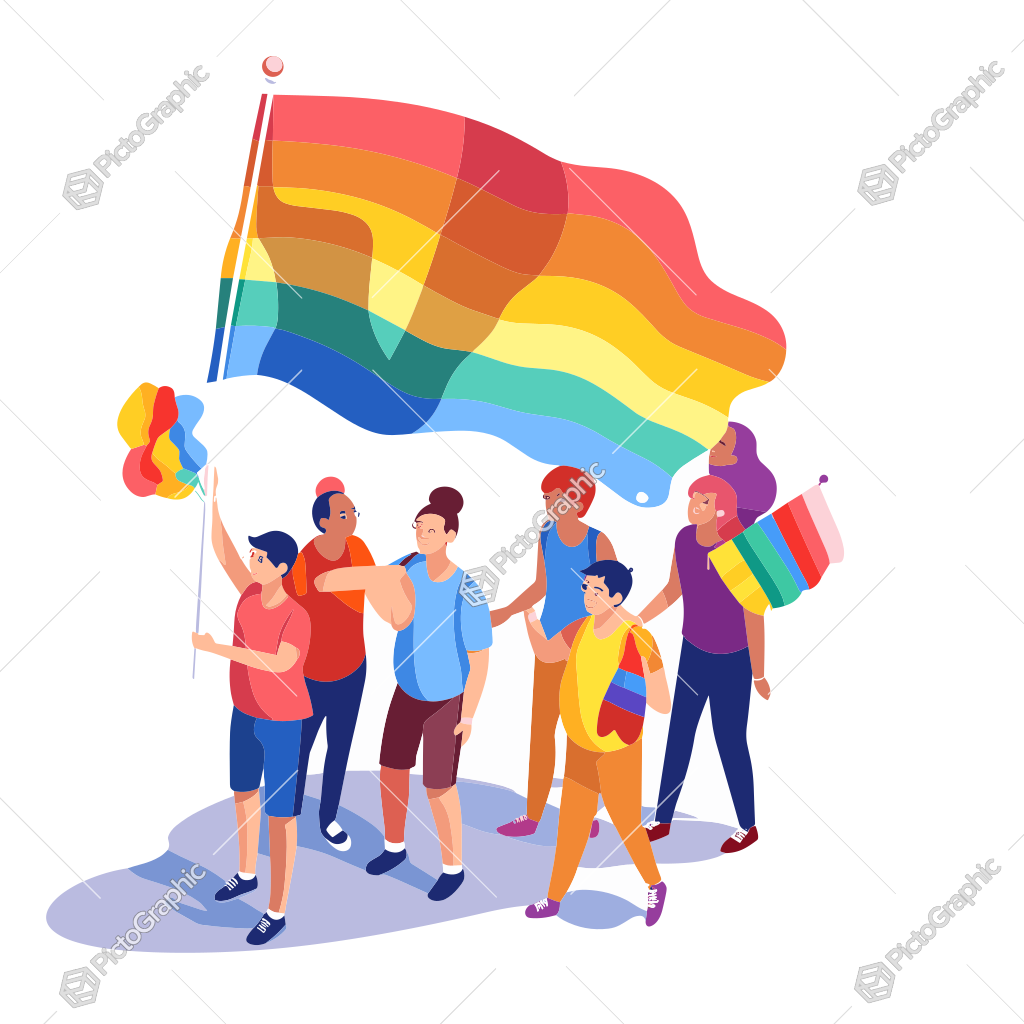 A group of animated people with a large rainbow flag and pride-themed items.