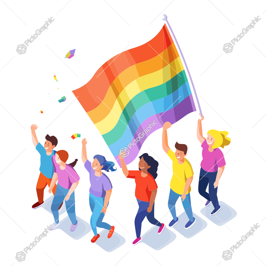 A group of animated people celebrating with a rainbow flag.