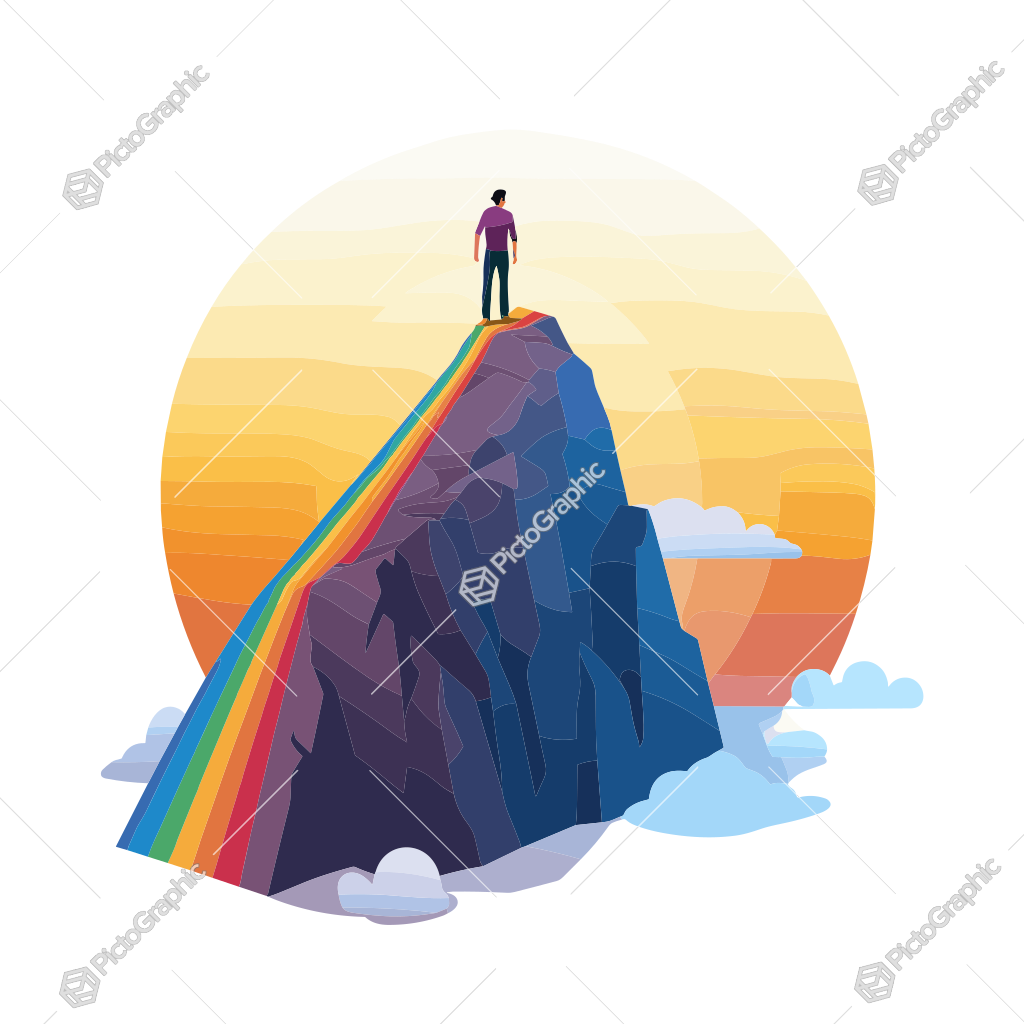 A person stands on a mountain peak with a rainbow road leading up to it against a backdrop of a sunset or sunrise.