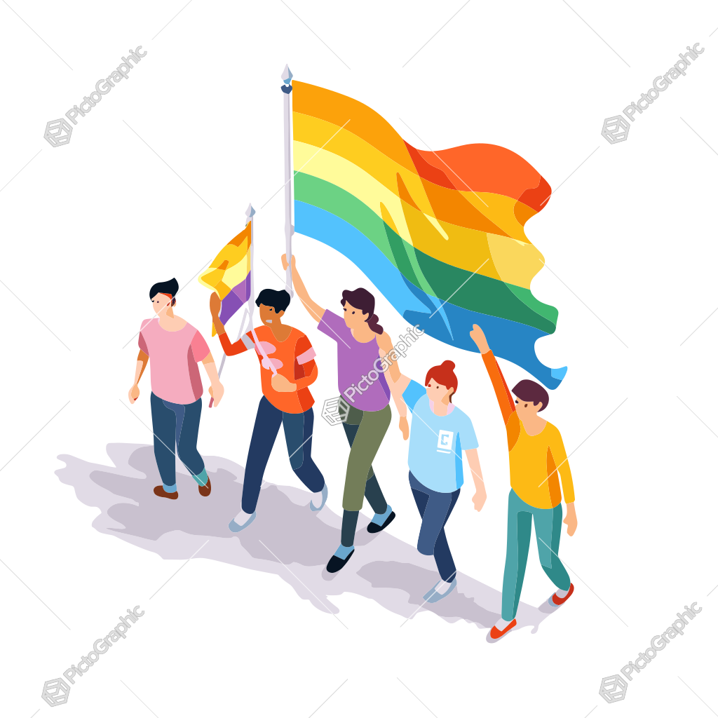 A group of diverse characters marching with a large rainbow flag.