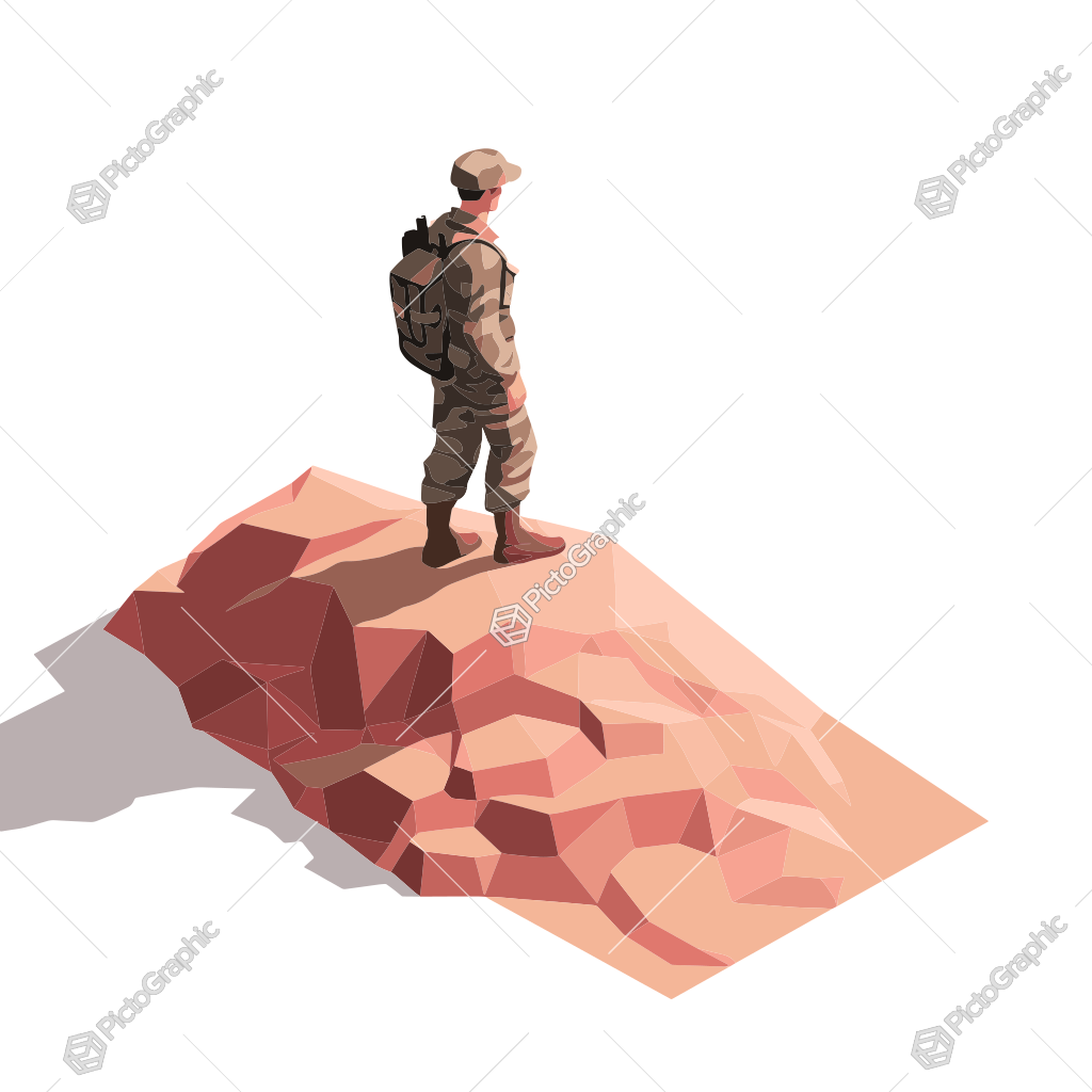 A low-poly person in military attire standing on a cliff