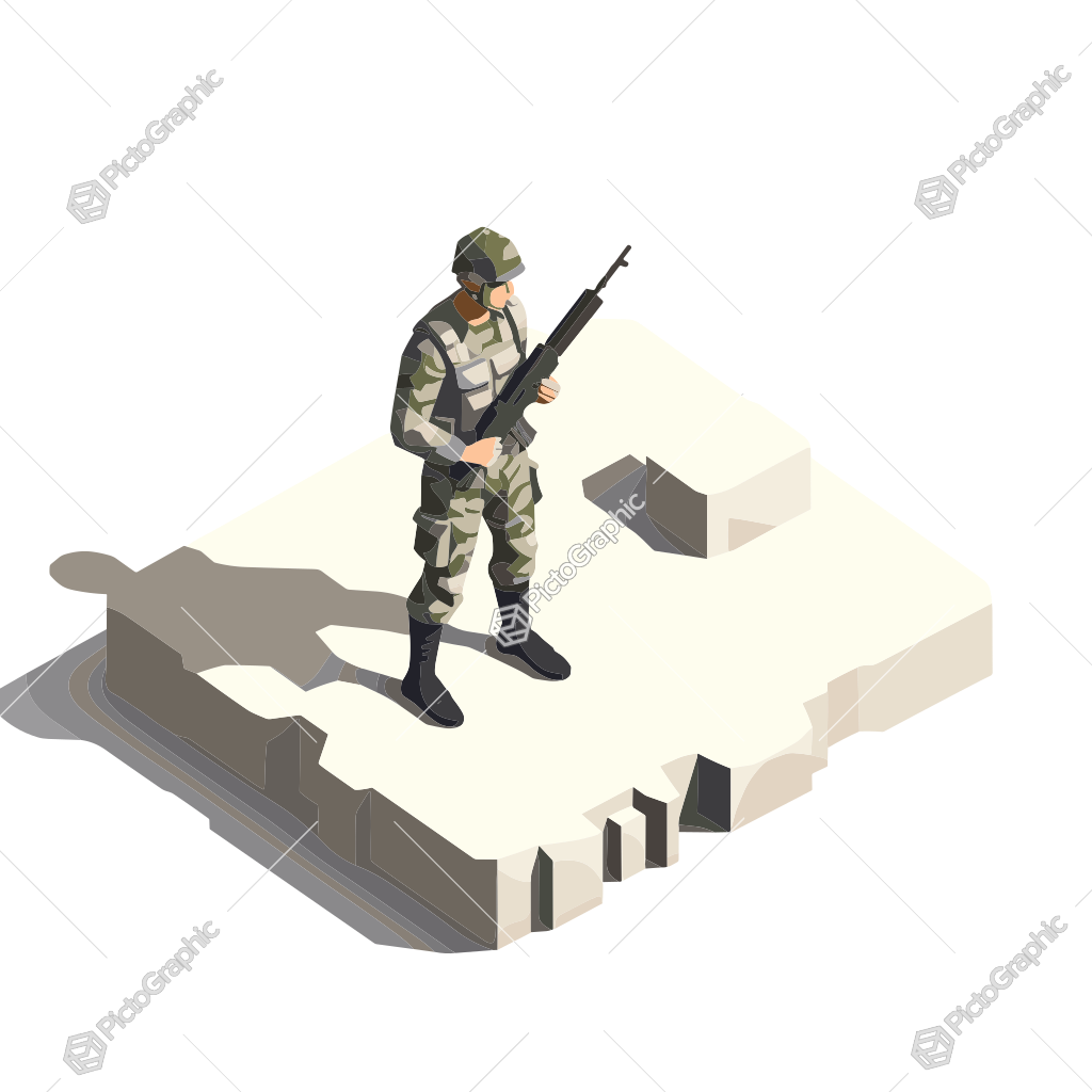 A stylized soldier on a floating, jagged platform