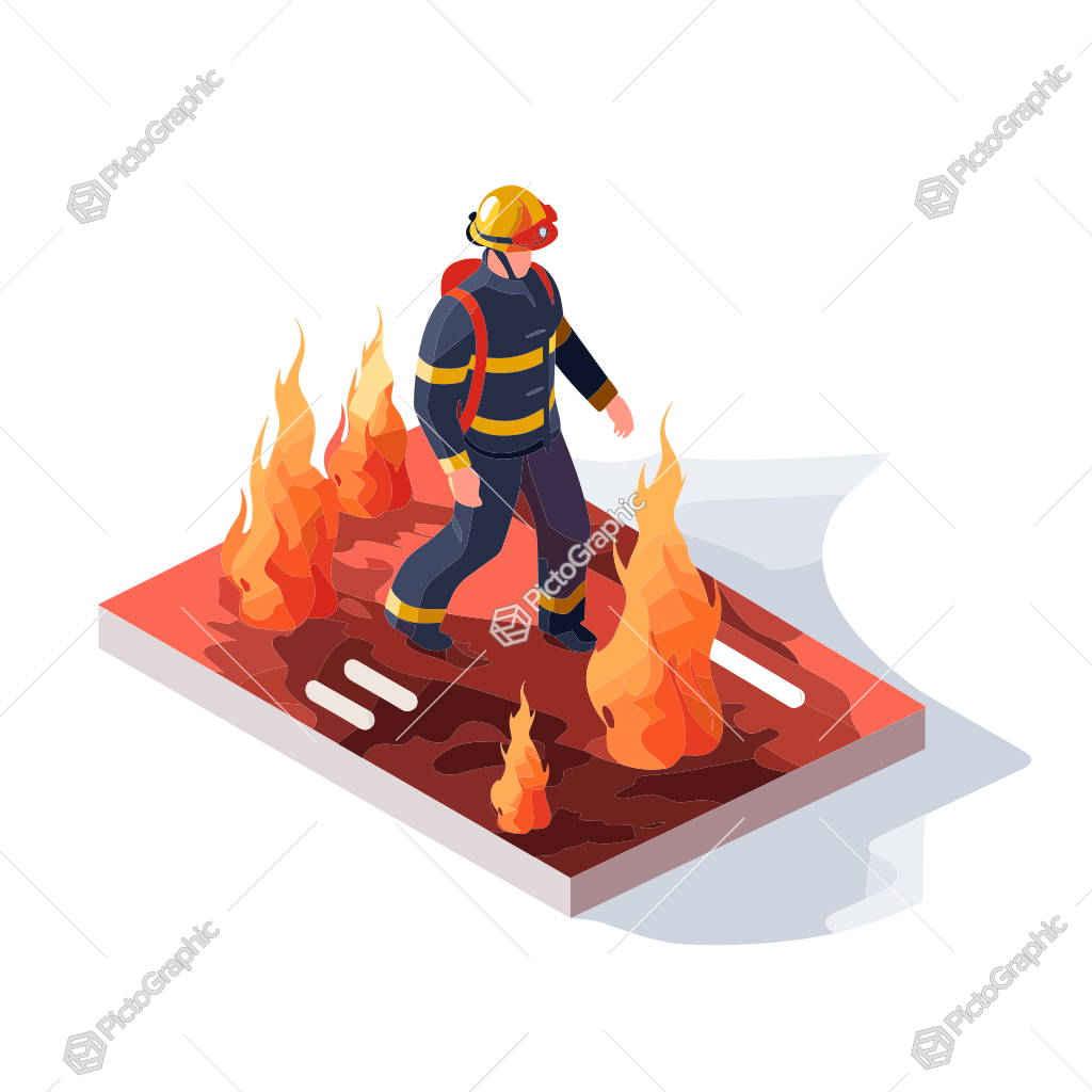 A firefighter in gear walking among flames